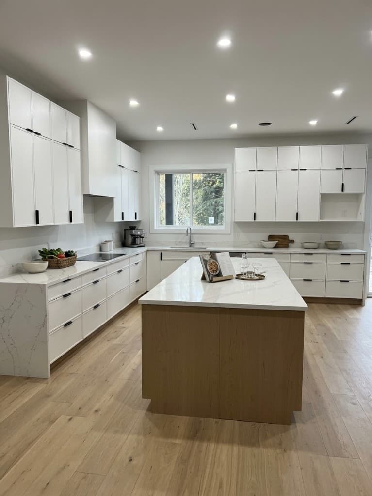 Modern renovated kitchen with white cabinetry, quartz countertops, and hardwood floors